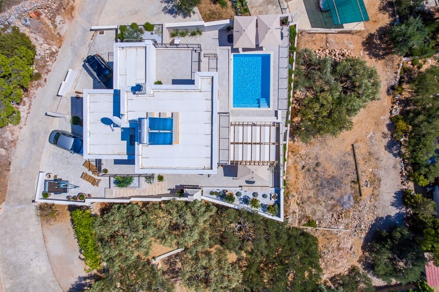 Aerial view of villa with pool