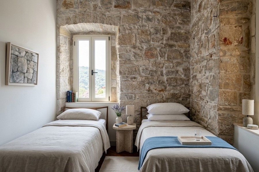Bedroom with two beds and stone wall