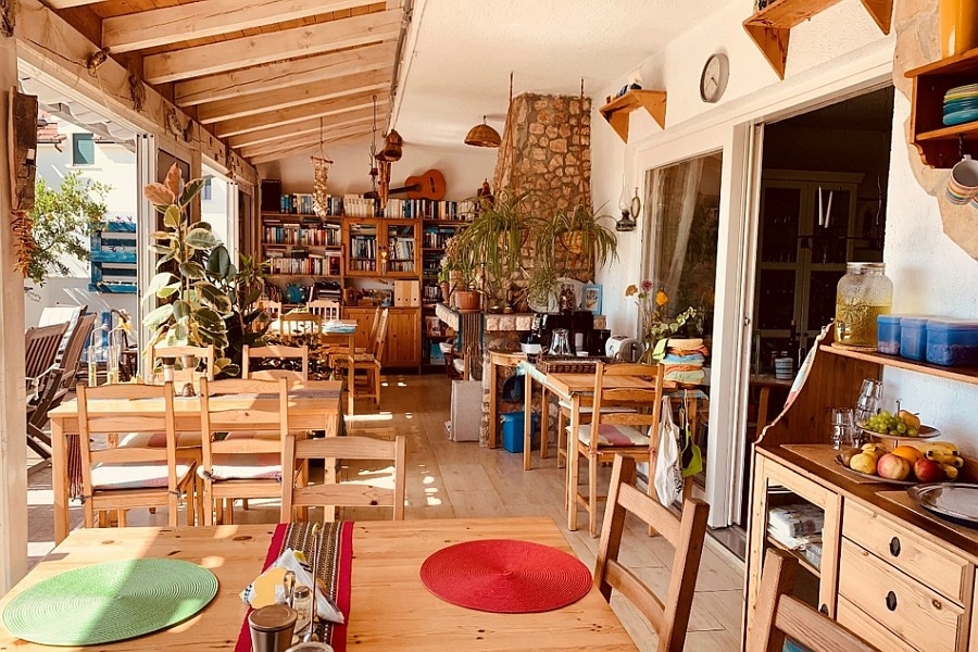 Dining area with wooden tables