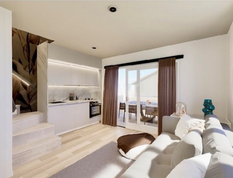 Visualization of kitchen and living room with patio door