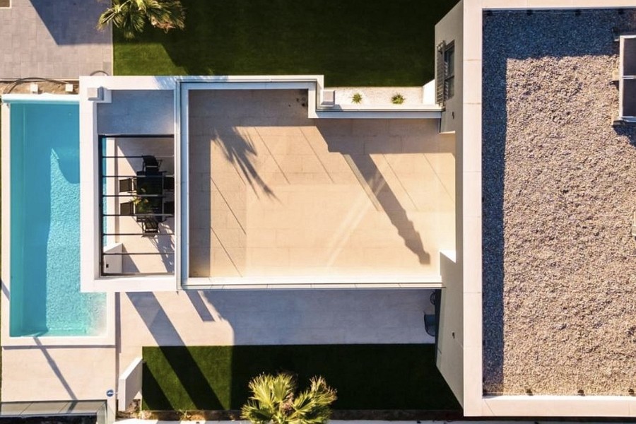 Top view of the pool, terrace and garden of the villa