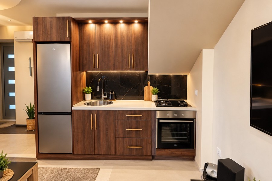 Kitchen with wooden fronts and refrigerator
