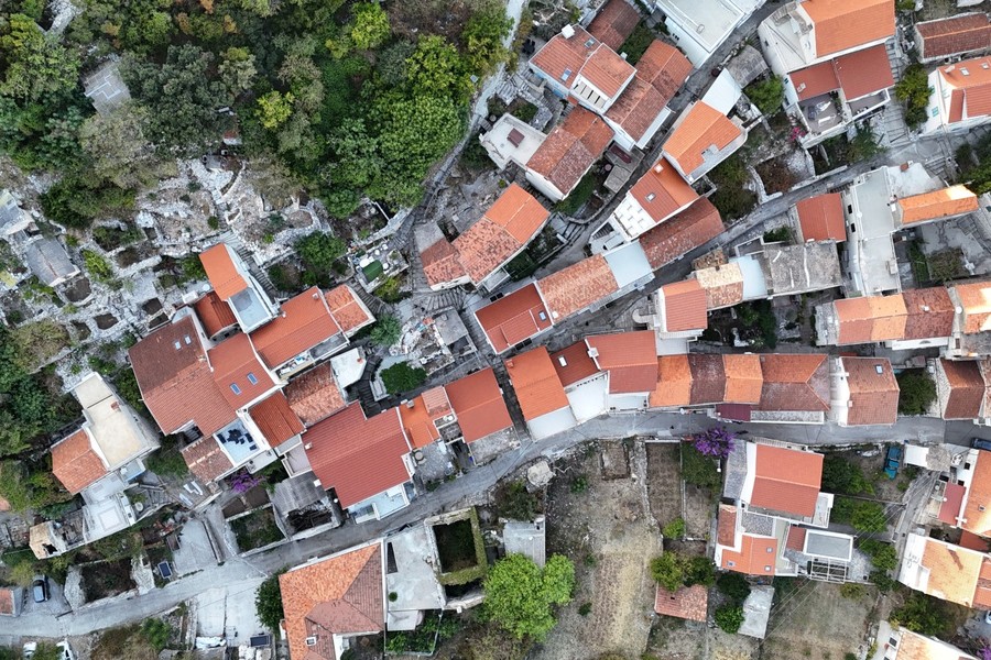 Aerial view of the town center with red roofs