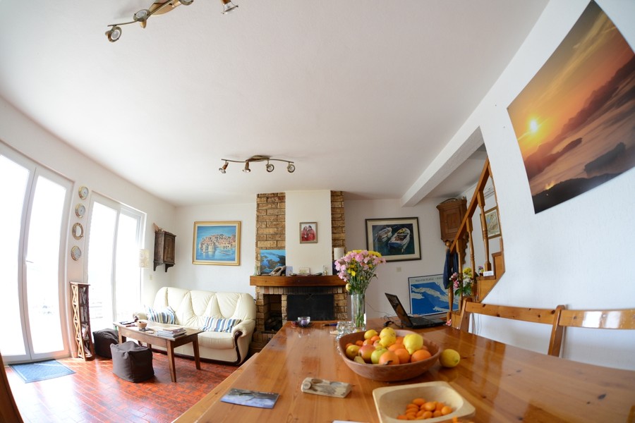 Living room with dining table and fireplace