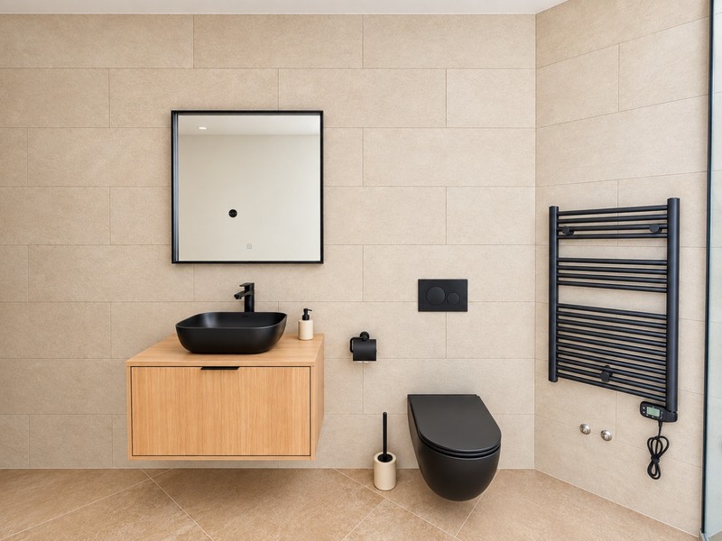 Modern bathroom with wooden vanity unit