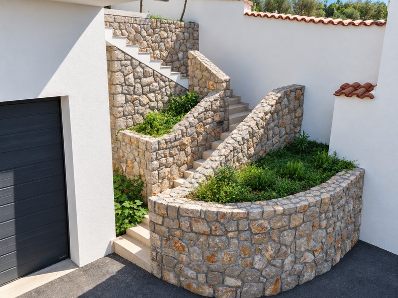 Stairs with dry stone walls in the garden
