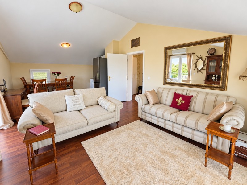 Living room with dining area and large mirror