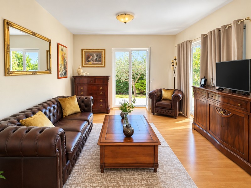 Living room with leather sofa and garden door