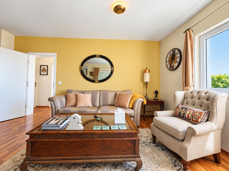 Living room with yellow wall and armchair