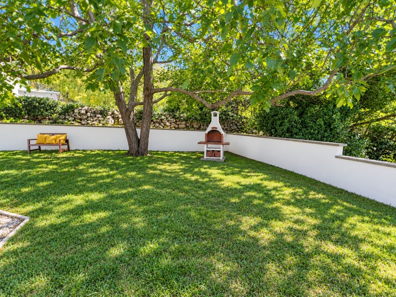 Garden with lawn, tree and barbecue area