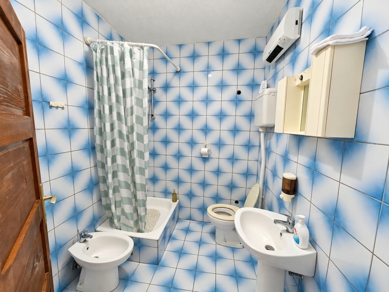 Bathroom with blue tiles