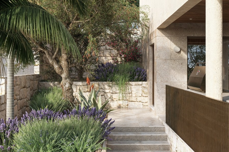 Mediterranean garden with steps to the house