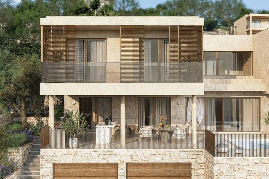 Front view of the villa with terrace and pool