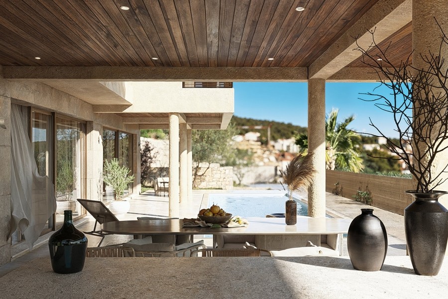 Covered terrace with lounge by the swimming pool