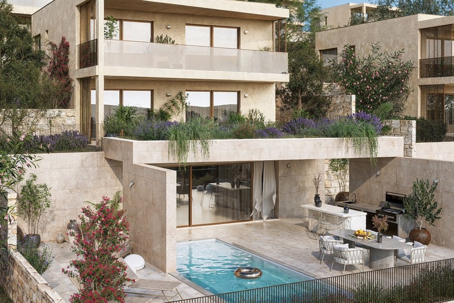 Pool terrace with outdoor kitchen, aerial view