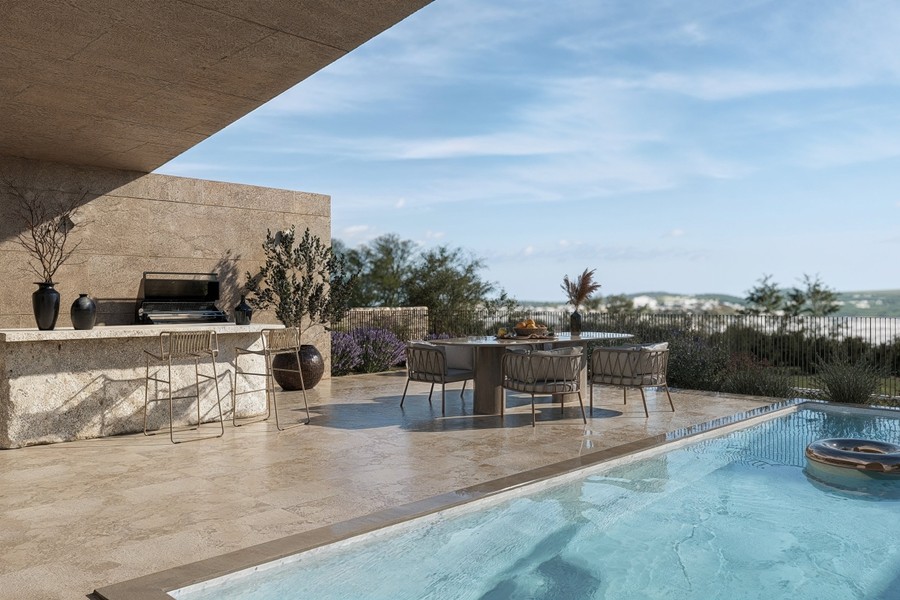 Pool and terrace with view of the sea