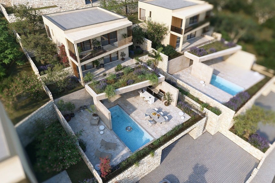 Villas with pools and terraces, aerial view