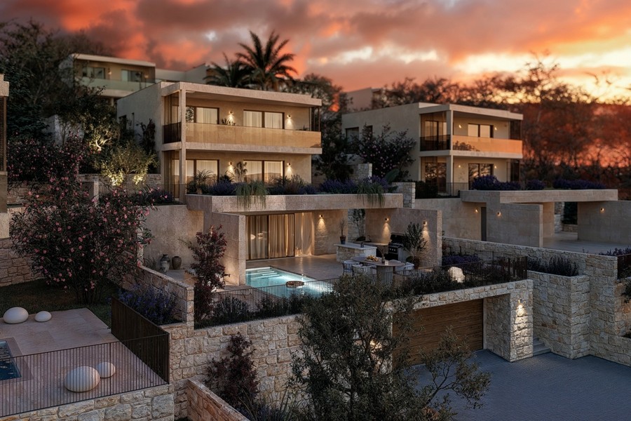 Villa with garden at dusk