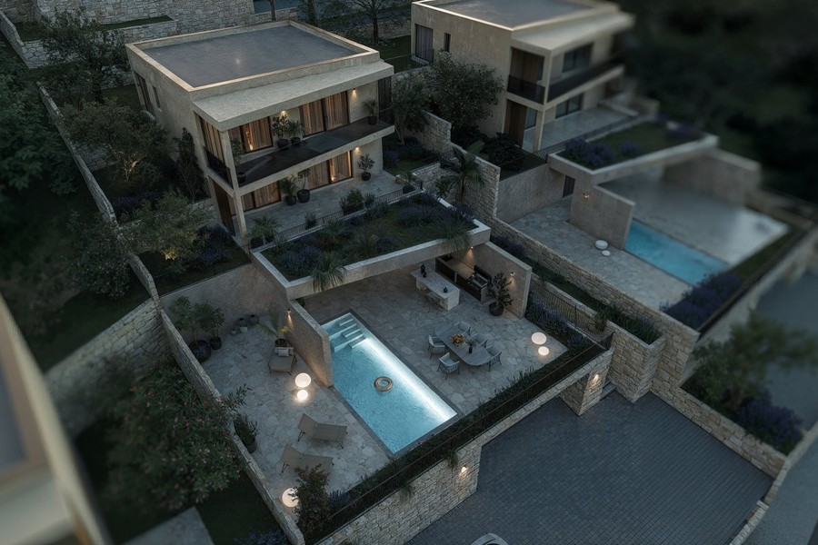 Aerial view of the villa with pool