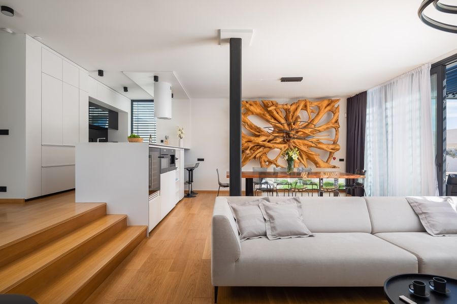 Kitchen with kitchen island and dining area