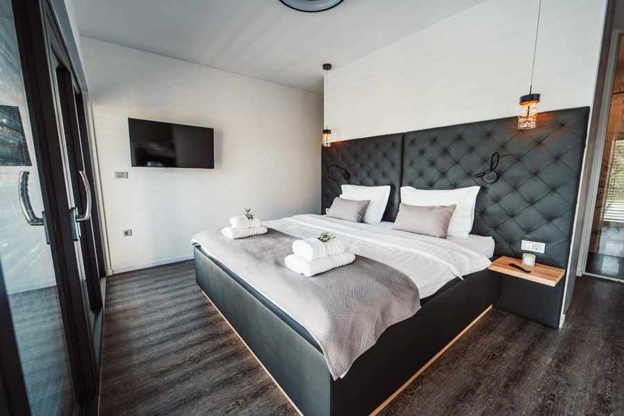 Bedroom with upholstered headboard