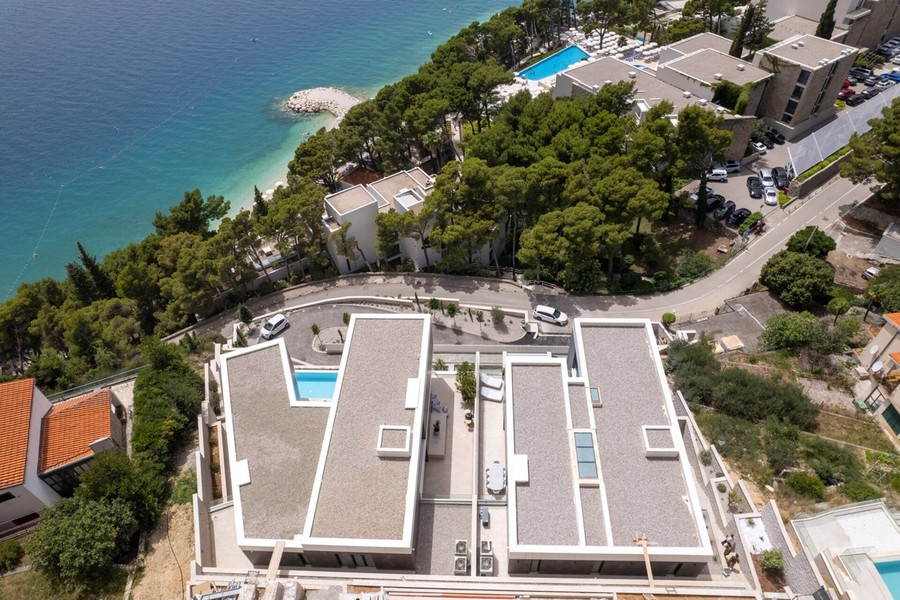Aerial view of the villa above the coast