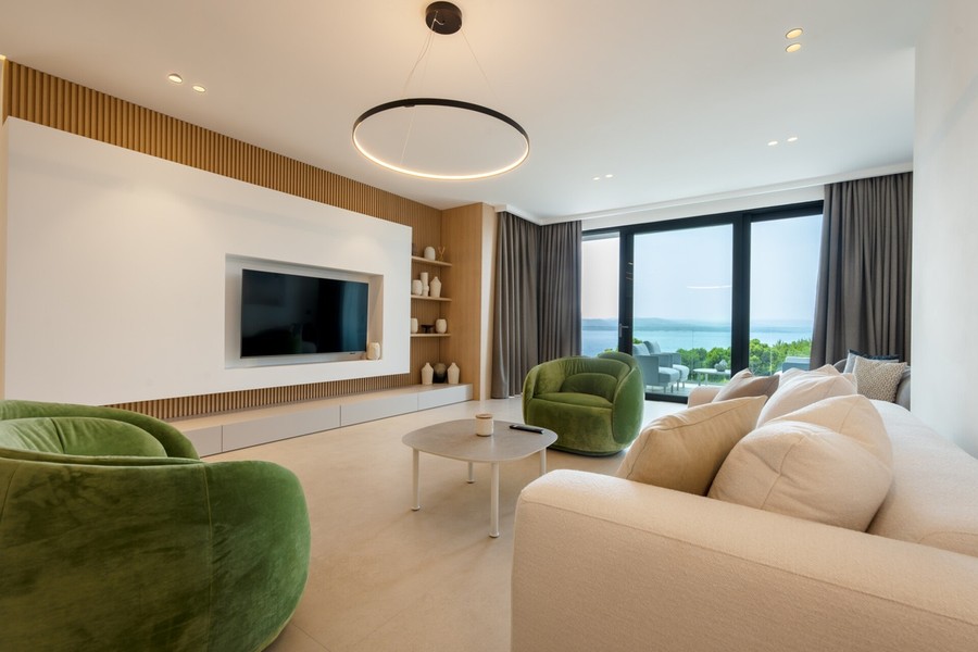 Living room with sofa and glass front
