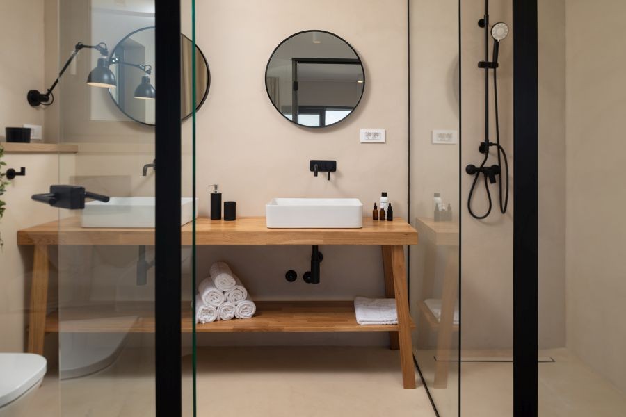 Bathroom with wooden washbasin