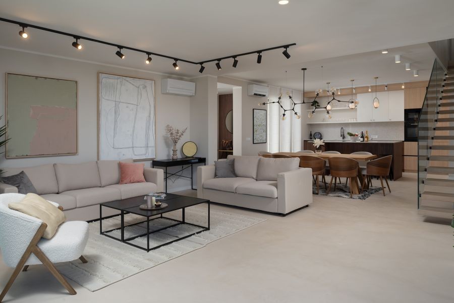 Living room with sofas and open-plan kitchen