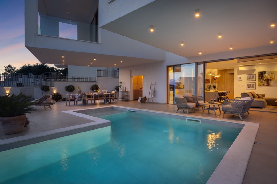 Illuminated pool in the evening