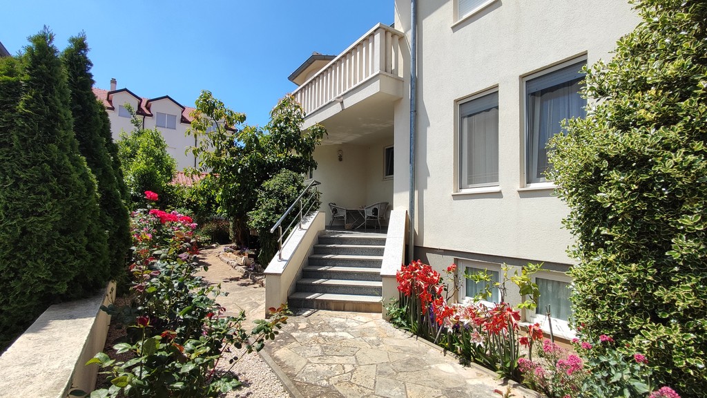 Side entrance with steps and roses