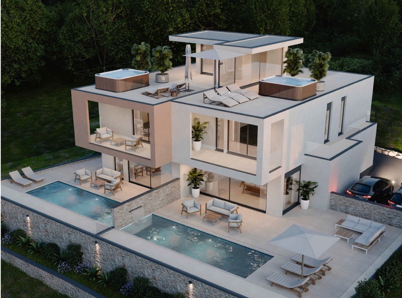 Aerial view with pools and roof terraces