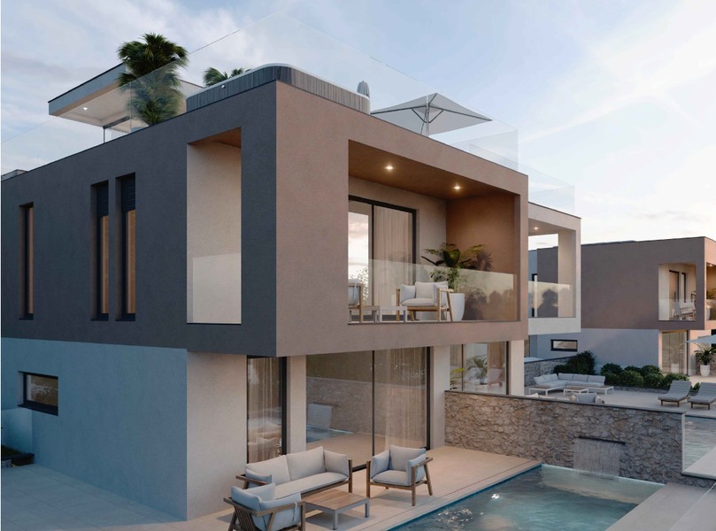 House with covered terrace and glass balustrade