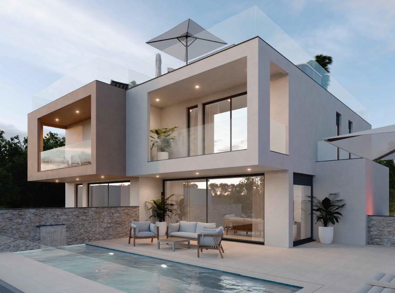 Pool and seating area in front of the living room
