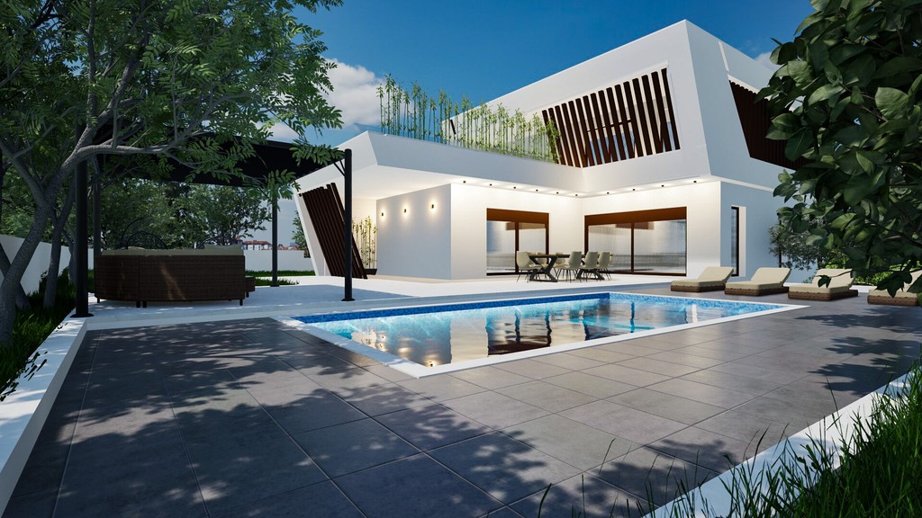 Visualisation of the villa with swimming pool and pool terrace