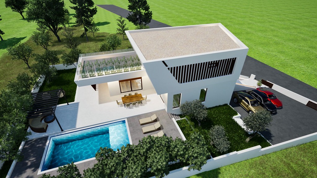 Aerial view of the villa with pool and driveway