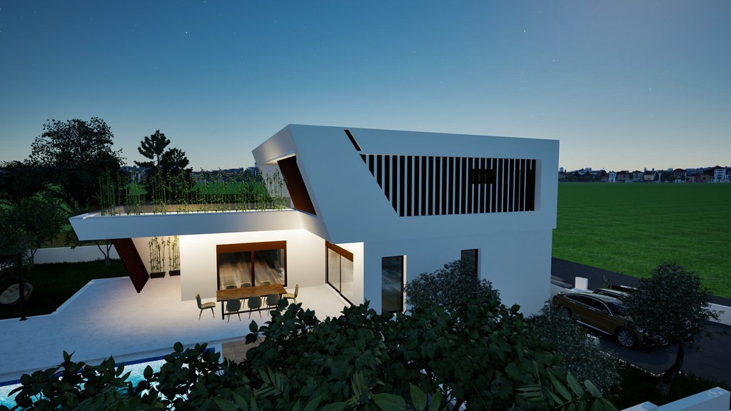 Villa in the evening with illuminated terrace