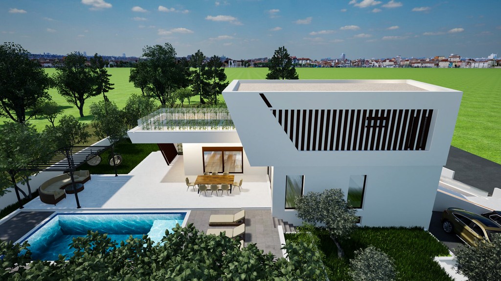 Pool in front of the living area with large glass surfaces