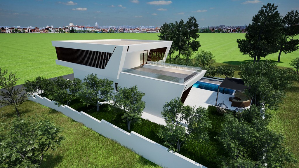 Side view of the villa with pool and garden