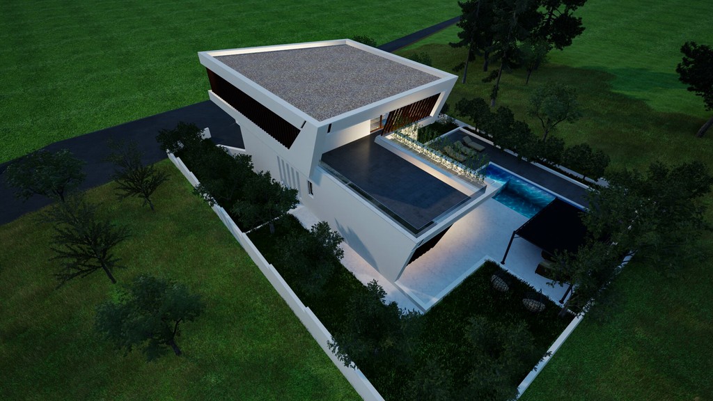 Aerial view of the villa with terraces and garden