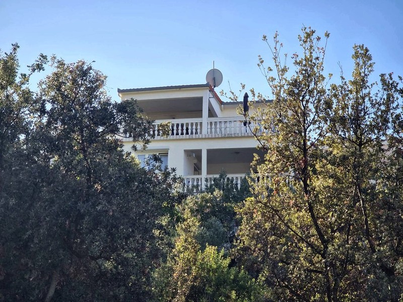 House exterior with balcony between olive trees