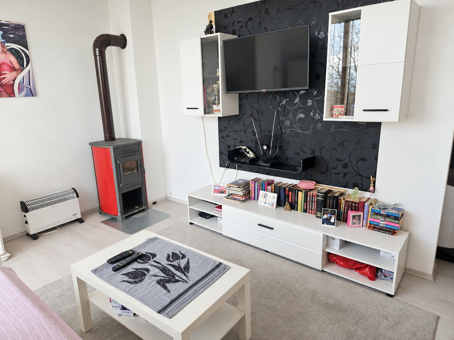 Living room with pellet stove and television