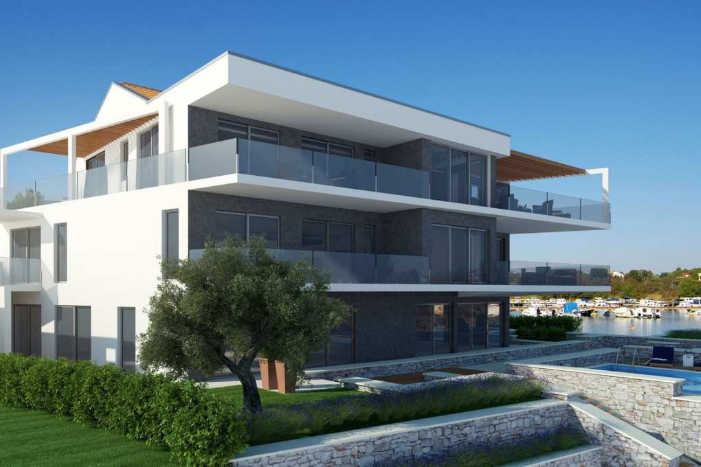 Visualization of the house with olive tree and marina behind it