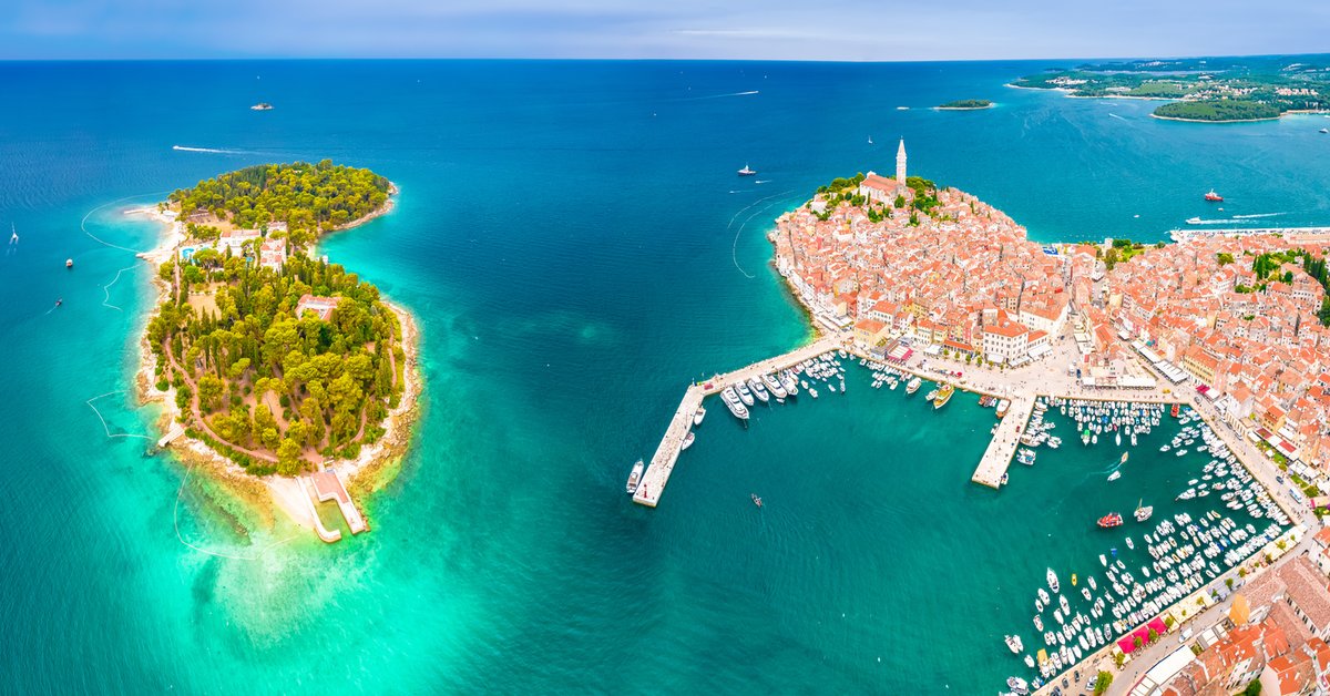 Aerial view of Rovinj with an island offshore